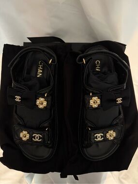 CHANEL Black Bow & Pearl Flower Embellished Sandals
